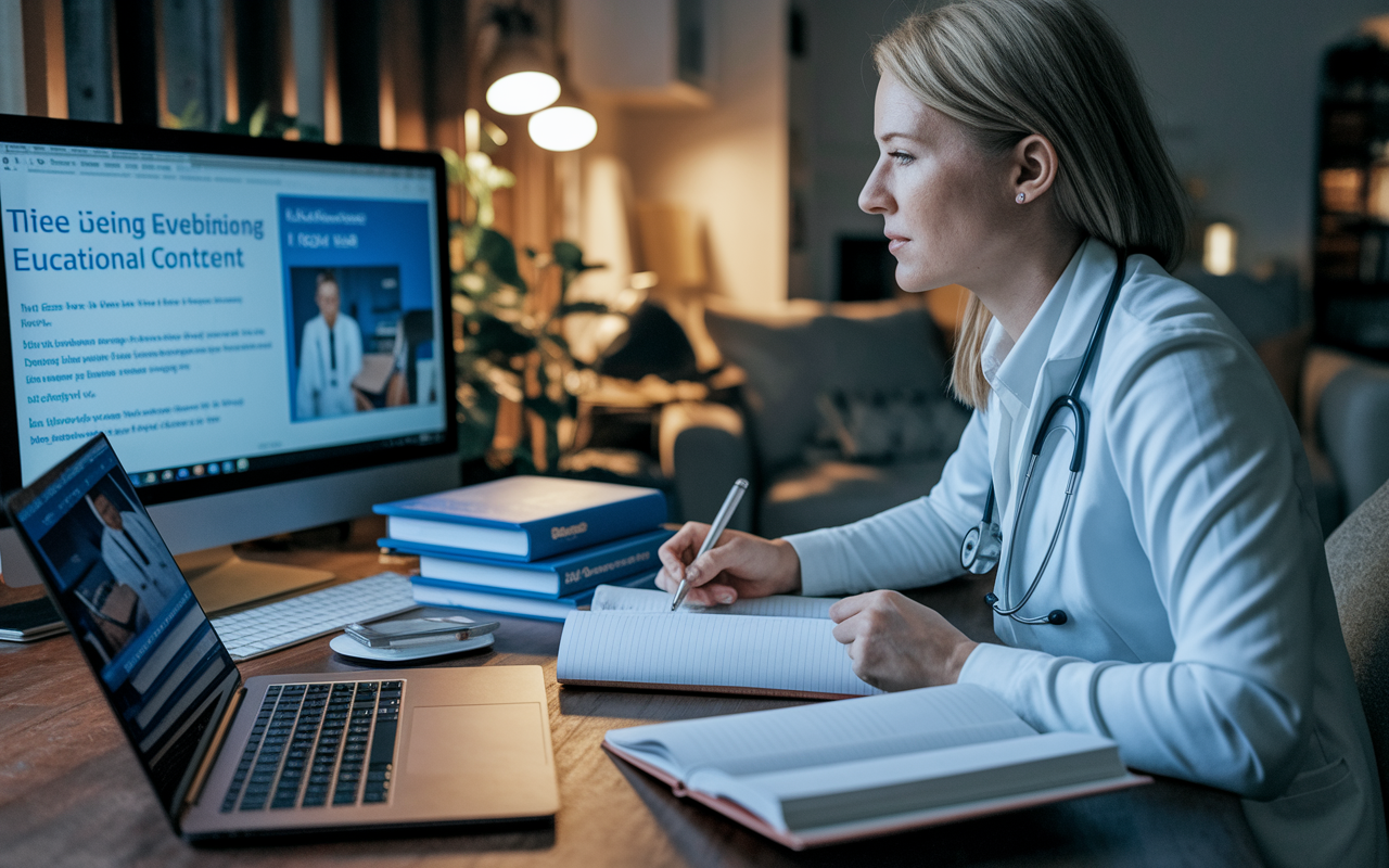 A focused medical professional attending an online webinar, surrounded by textbooks and a laptop. The screen displays engaging educational content, with notes being taken. A cozy home office environment showcases a balance of comfort and professionalism, with warm lighting creating an inviting atmosphere for learning.