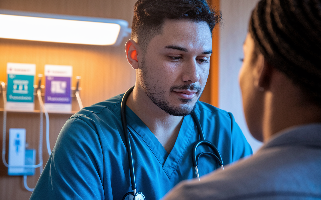 A close-up shot of a medical resident in scrubs helping a patient in a free clinic. The scene captures a moment of compassion as the resident listens intently to the patient’s concerns. Warm, ambient lighting creates a caring atmosphere, with medical equipment and health pamphlets visible in the background, signifying a commitment to community health. The expression on the resident's face reflects dedication and empathy.