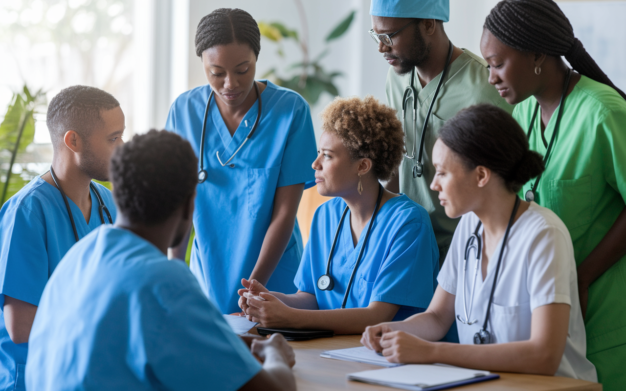 A diverse group of healthcare volunteers collaborating in a community health setting. They are engaged in discussions, strategizing about patient care while assisting patients in a bright and welcoming environment. Each volunteer displays distinct roles, emphasizing teamwork and leadership. Natural light floods the room, highlighting the intensity of their collaboration and commitment to health equity.