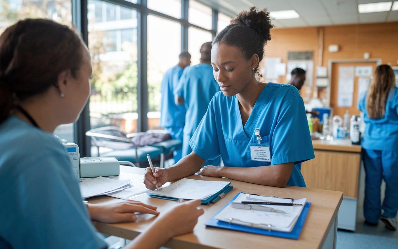 A young volunteer assisting a nurse in a bustling local clinic. The scene shows the volunteer taking notes on patient interactions, with medical instruments and patient charts in view. Natural light floods through the windows, adding warmth to the environment. The busy yet organized atmosphere conveys a sense of urgency and dedication to patient care.