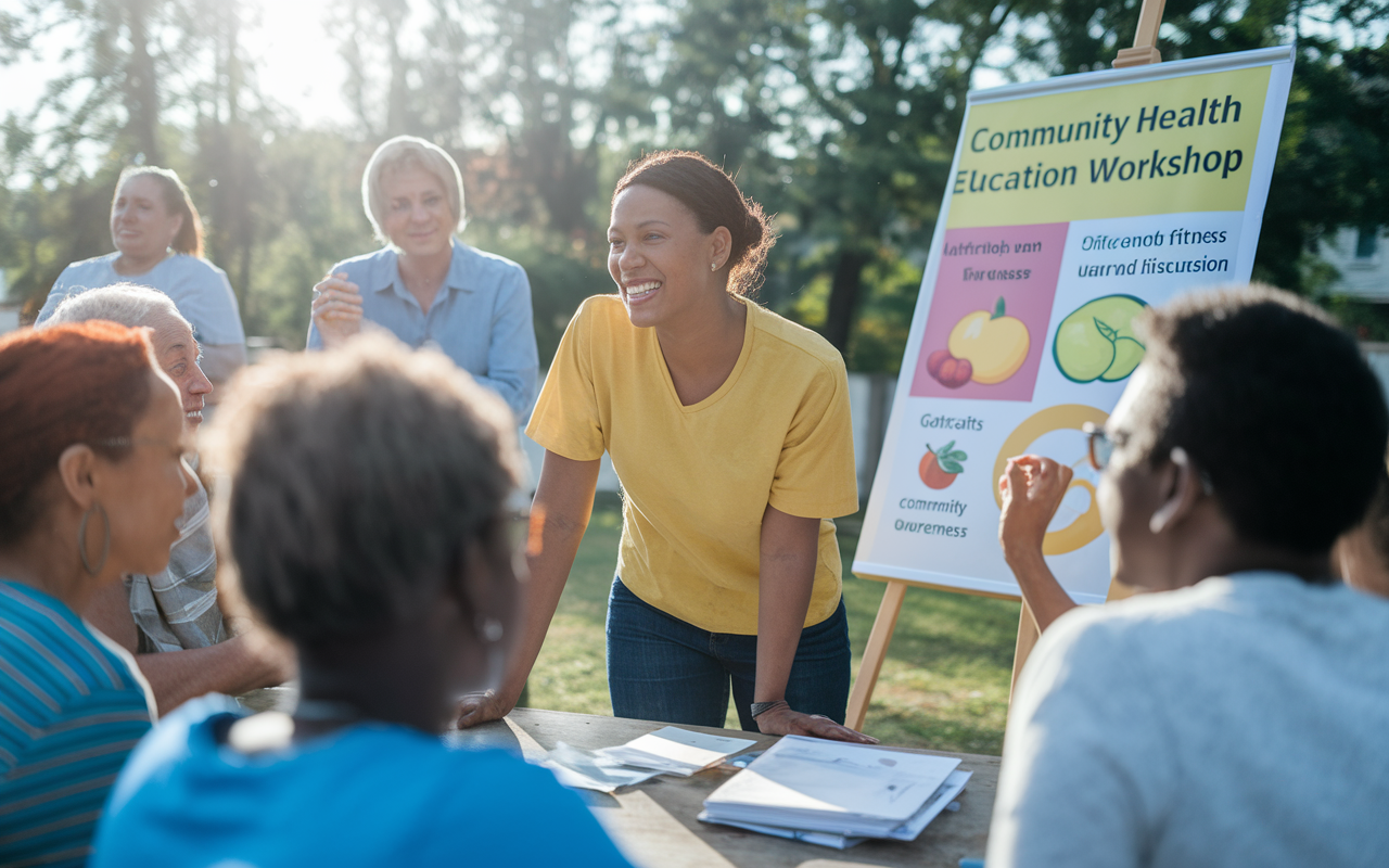 An enthusiastic volunteer leading a community health education workshop outdoors. The scene features a colorful poster on nutrition and fitness, with community members engaged in discussion. Soft sunlight filters through trees, creating an inviting ambiance. Participants attentively listen and interact, highlighting the importance of community involvement in health awareness.