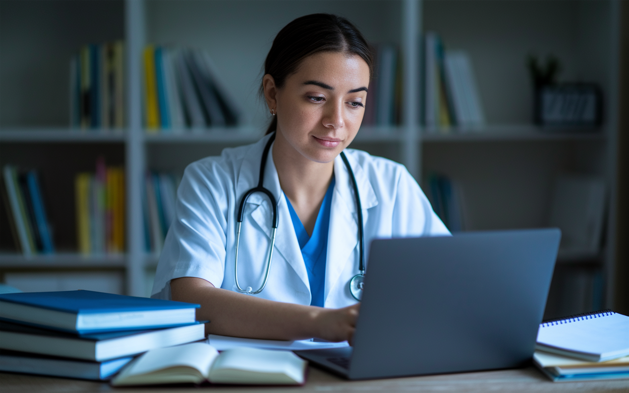 A medical student thoughtfully reviewing volunteer opportunities on a laptop in a quiet study space, surrounded by medical books and notes. Soft, focused lighting creates a serene atmosphere, emphasizing the importance of intentionality in selecting impactful volunteer experiences. The student's expression reflects determination and care in shaping a future dedicated to patient advocacy.