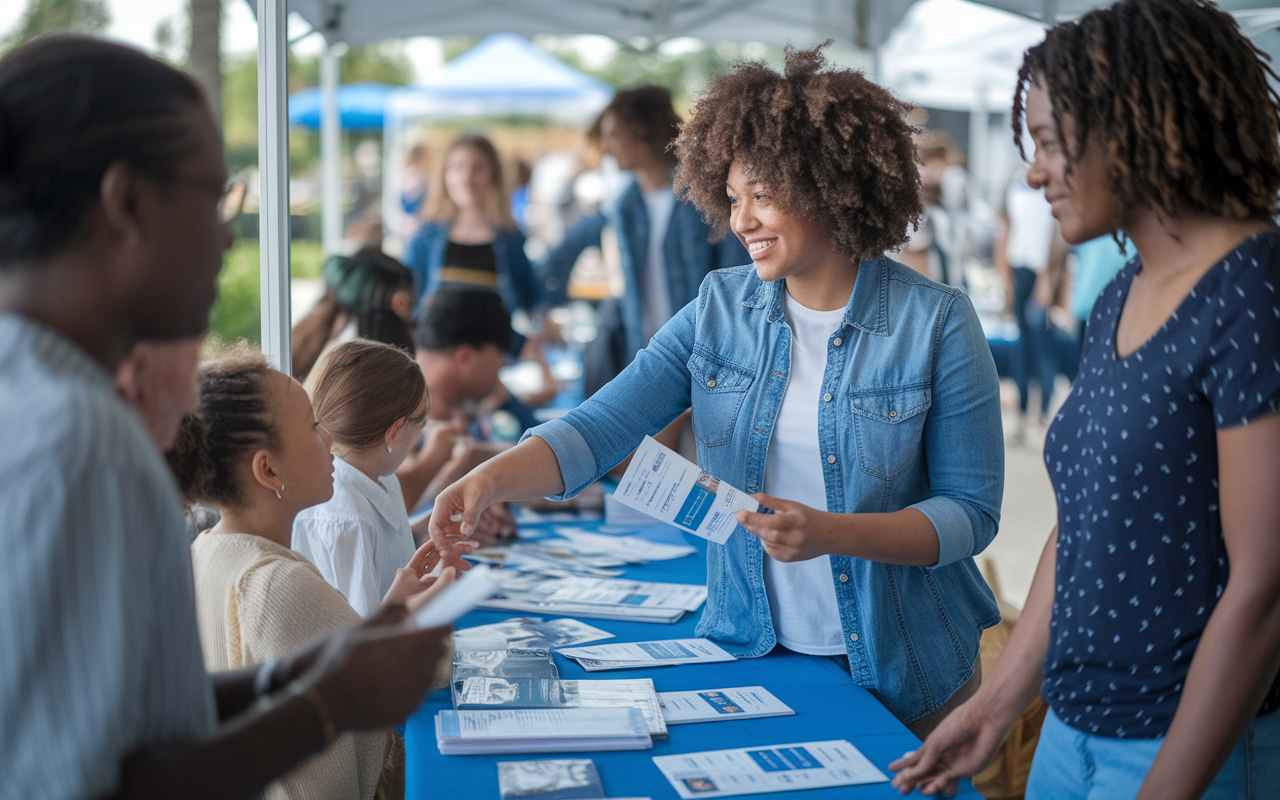 A determined young woman, Mary, engages with community members at a free health screening event, providing educational pamphlets on healthcare access. The scene is lively, with families gathered around various booths, offering a sense of community and support. Soft and hopeful light illuminates the scene, embodying the spirit of service and health advocacy.