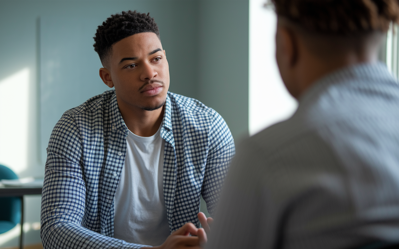 A compassionate young man, James, is seen collaborating with a mental health professional in a crisis center, actively listening to a patient sharing their experiences. The room is calm and reassuring, with soft light casting a soothing effect. James's focused demeanor reflects his commitment to mental health advocacy, creating a sense of empathy and support.