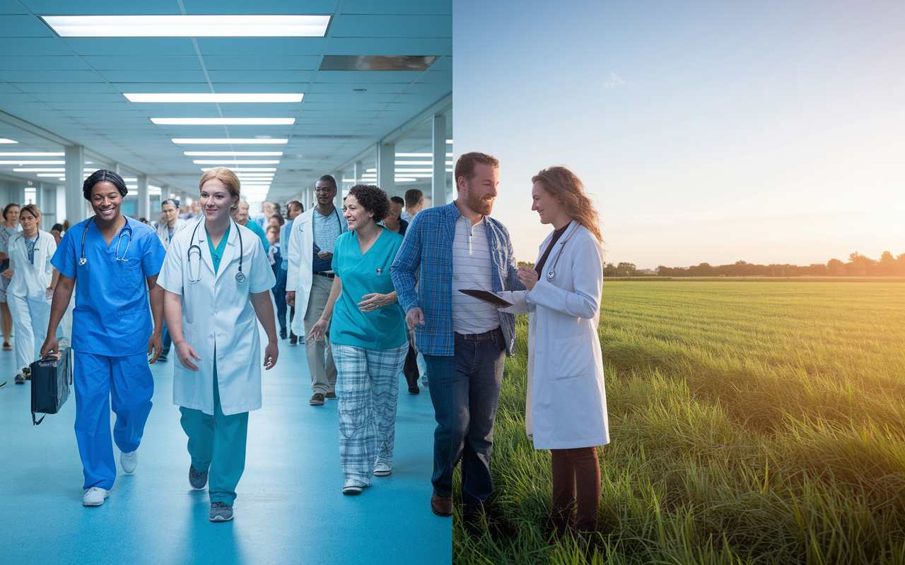 A split scene featuring two contrasting environments: on the left, a vibrant, bustling urban hospital full of diverse patients and healthcare professionals; on the right, a tranquil rural clinic with open fields, showcasing personal interactions between the physician and patients. The lighting varies in each scene, bright urban lights compared to the soft sunlight in the rural setting, emphasizing the importance of location in residency decisions.