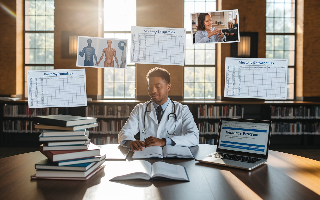 A medical student sitting at a large library table, surrounded by stacks of books, medical journals, and a laptop displaying residency program websites. The room is warmly lit with sunlight filtering through large windows, casting a reassuring atmosphere. The student appears engaged, while images of various medical specialties float above the table, including charts, anatomy diagrams, and schedules, illustrating the research process.