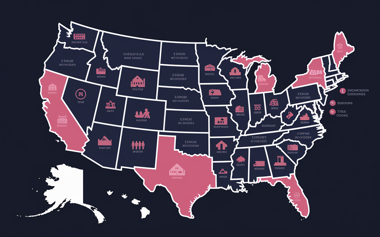 A detailed map highlighting various U.S. cities where residency programs are located, with symbols indicating lifestyle factors such as a house for cost of living, family icon for proximity, and recreational icons for nearby activities. Each location is bathed in unique lighting to reflect the vibrant or calming atmosphere of urban and rural settings, conveying the critical importance of location in residency decisions.