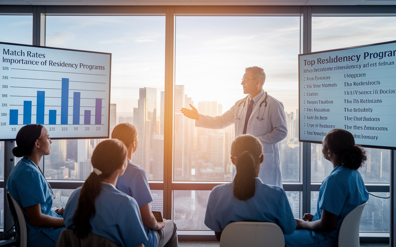 An elegant office with a large window displaying a city skyline, inside a medical educator consults a group of eager medical students about the importance of reputation in residency programs. Charts showing match rates and lists of top residency programs are displayed prominently on a screen, while the light filters in warmly, symbolizing hope and ambition in the medical field.