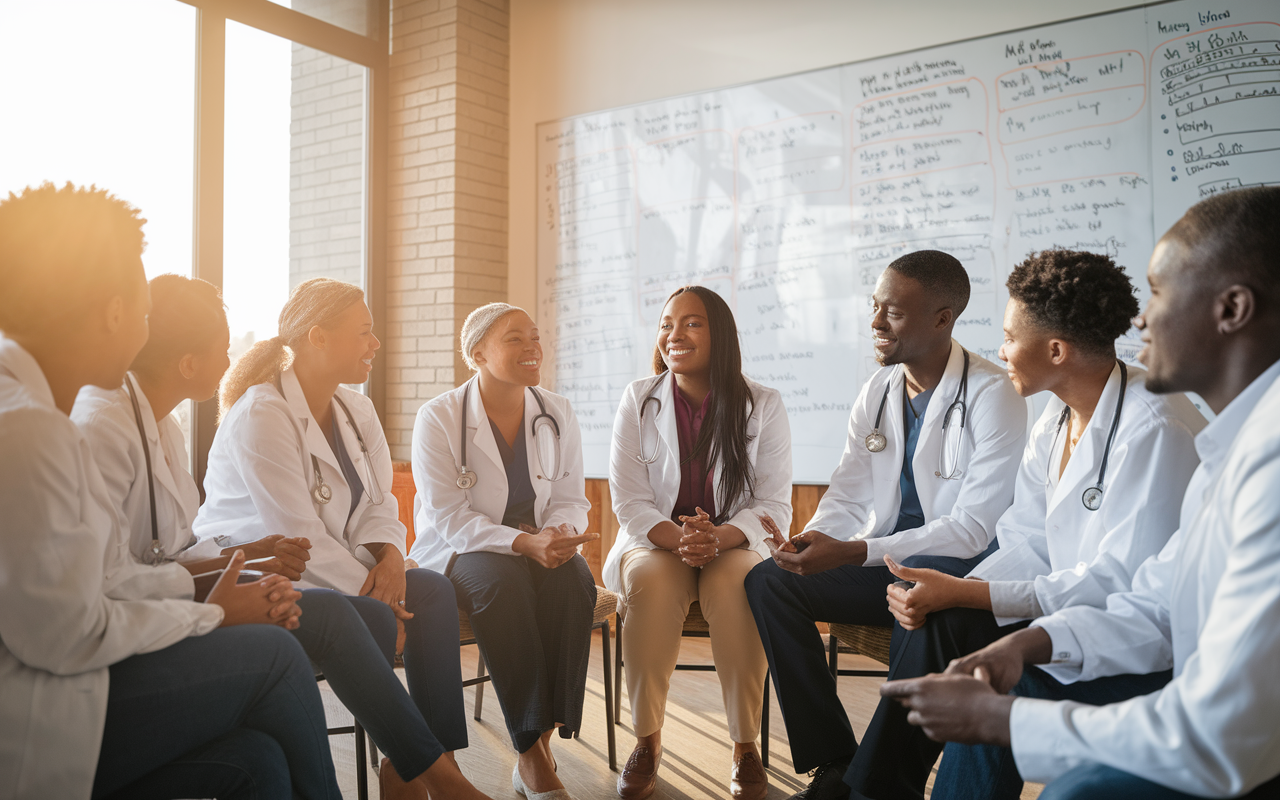 A reflective scene showing a group of diverse medical students sitting in a circle, discussing their future residency options. The ambiance is warm and inviting with sunlight streaming in through a window, and a large whiteboard filled with ideas and aspirations in the background. Emotions of hope, determination, and camaraderie permeate the atmosphere, symbolizing the journey ahead.