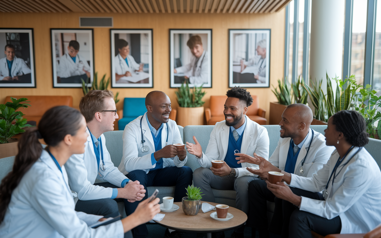 A group of diverse medical residents gathers in a bright, informal setting, animatedly discussing their residency experiences over coffee. Each of them is sharing insights with enthusiasm, conveying camaraderie and support. The background shows a modern, relaxed lounge in a hospital, filled with plants, comfortable seating, and framed photographs of doctors at work. Light streams in through large windows, creating an inviting atmosphere that encourages open dialogue. Realistic, warm colors enhance the friendly interactions.