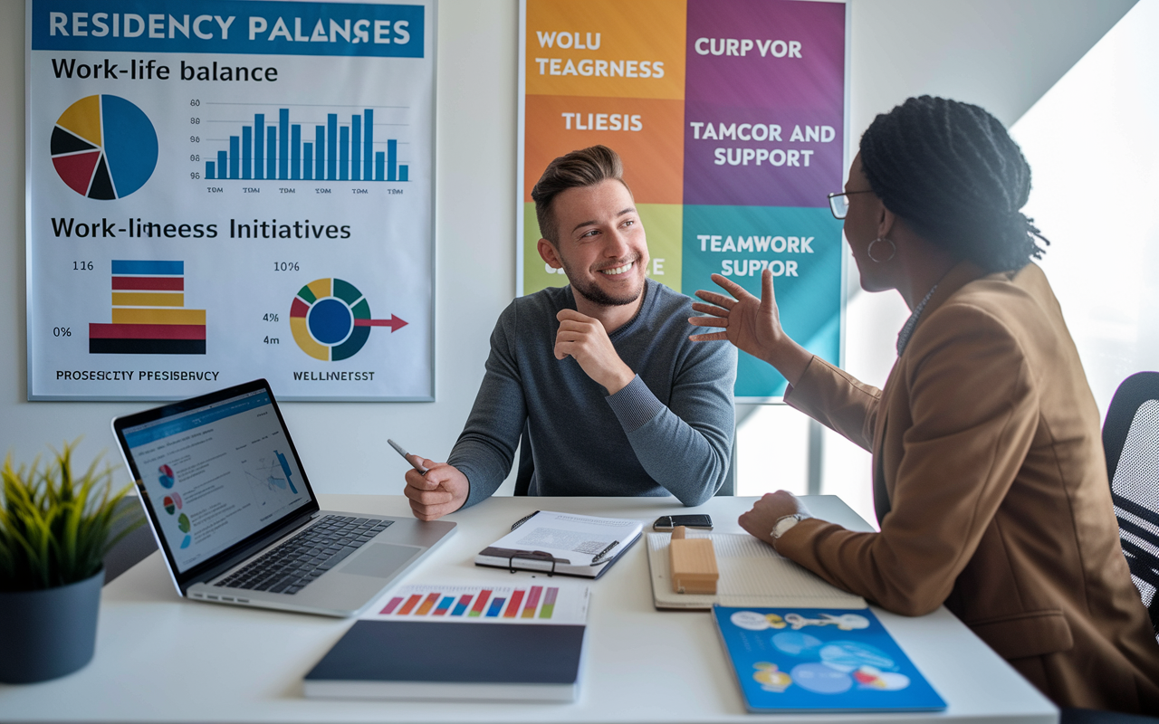 An individual sits with an advisor in a well-decorated office discussing a residency program's culture. Charts and graphs related to work-life balance and wellness initiatives are visible on the desk, alongside a laptop displaying program details. The expression on the prospective resident's face reveals curiosity and eagerness, while the advisor gestures towards a vibrant poster displaying values of teamwork and support. Natural light fills the room, creating an inspiring atmosphere of collaboration.