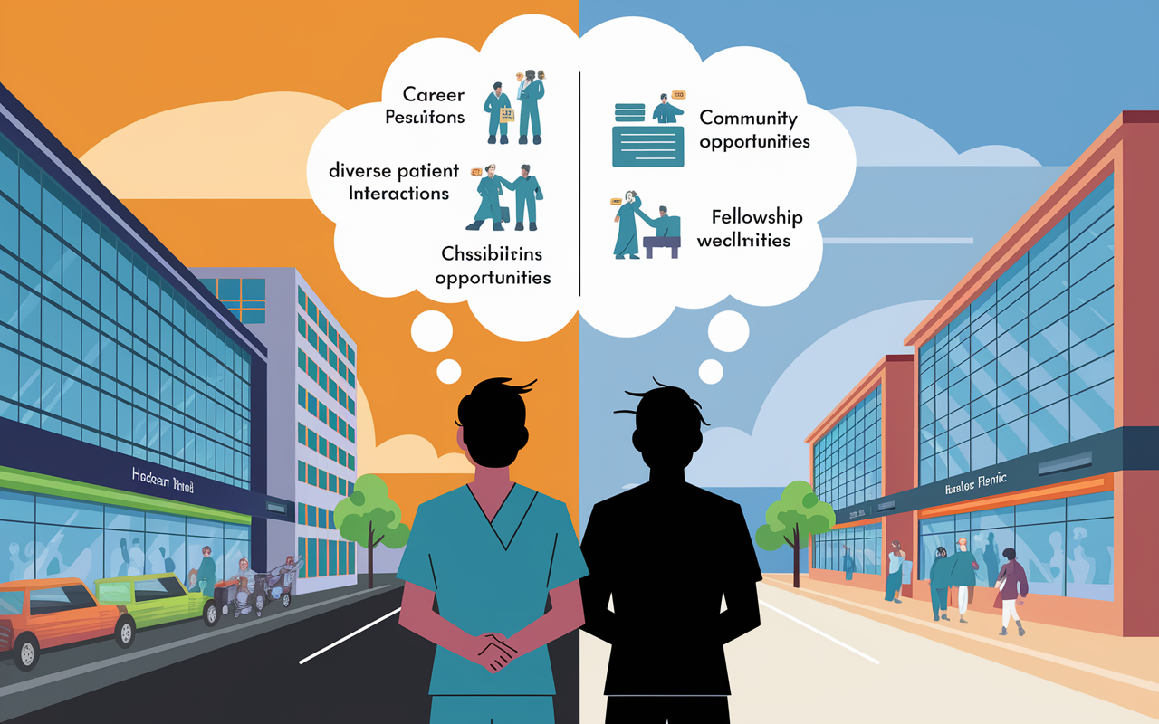 A split-image scene showing a medical resident in scrubs looking at two different hospitals on either side. On the left, a bustling urban hospital with a high-tech environment and diverse patient interactions, on the right, a serene community clinic with a focus on patient care and wellness. Above them, a thought bubble featuring career paths and fellowship opportunities. Bright colors to show excitement about possibilities, contrasted with a shadowy figure representing the pressure of making the right choice.