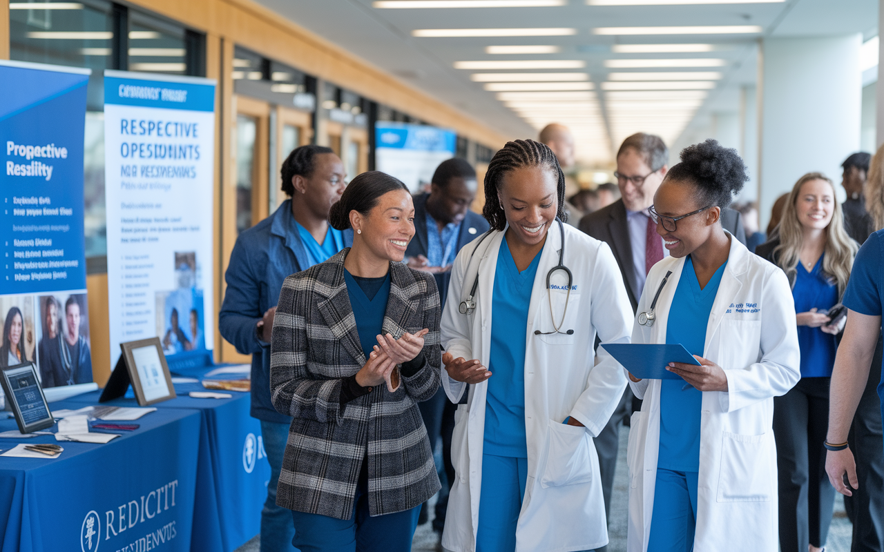 A bright, inviting scene at a residency open house event, with prospective medical residents exploring the facility guided by current residents and faculty. Displays showcase program offerings, while participants engage in discussions and observe various learning environments, filled with enthusiasm and curiosity. The atmosphere is welcoming, encouraging prospective applicants to envision their future in this residency program.