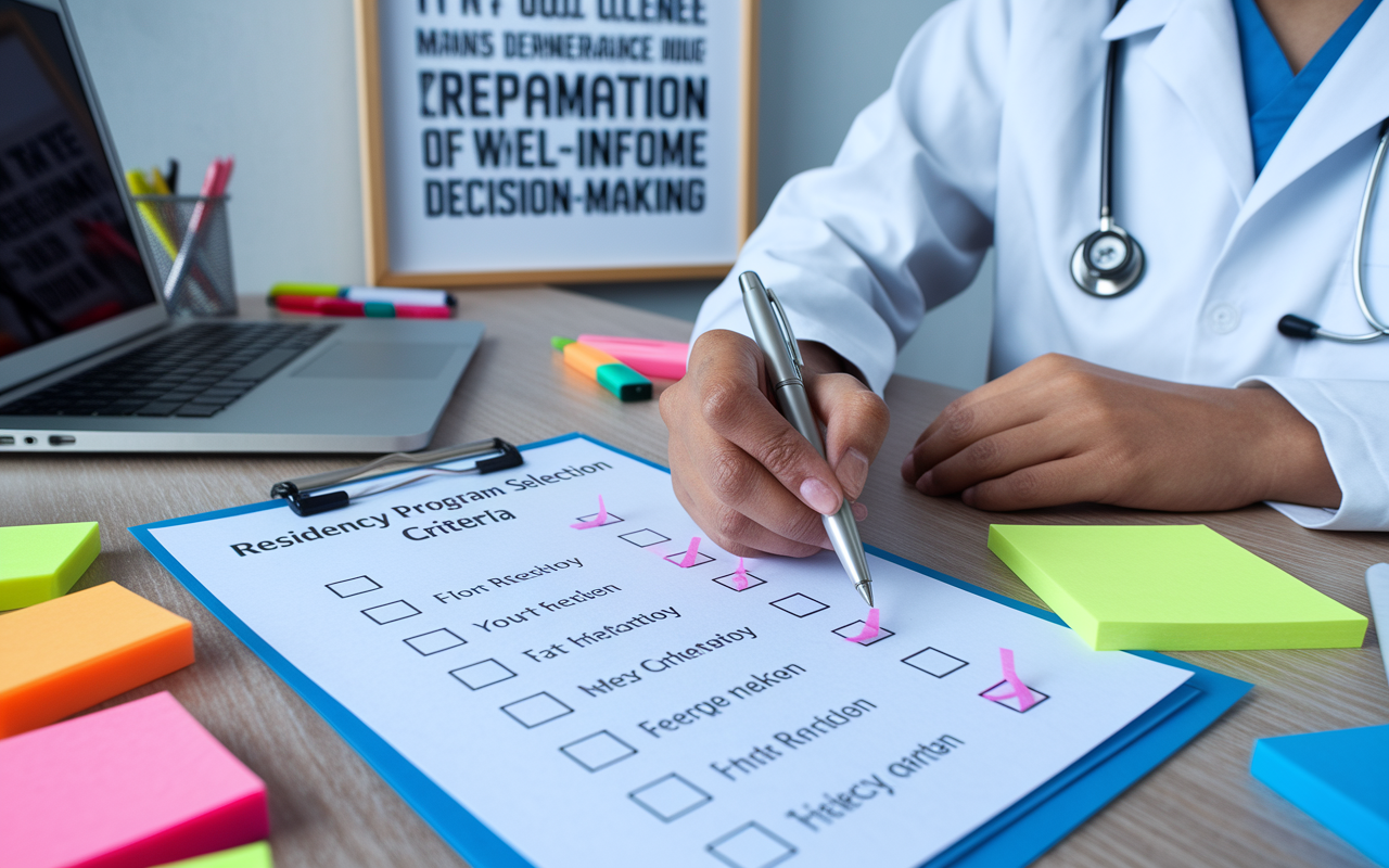 An organized desk scene featuring a printed checklist titled 'Residency Program Selection Criteria', surrounded by colorful highlighters and sticky notes. A medical student thoughtfully checks off each item with a pen, showcasing a methodical and systematic approach. In the background, a motivational poster emphasizing preparation hangs on the wall, embodying the significance of well-informed decision-making.