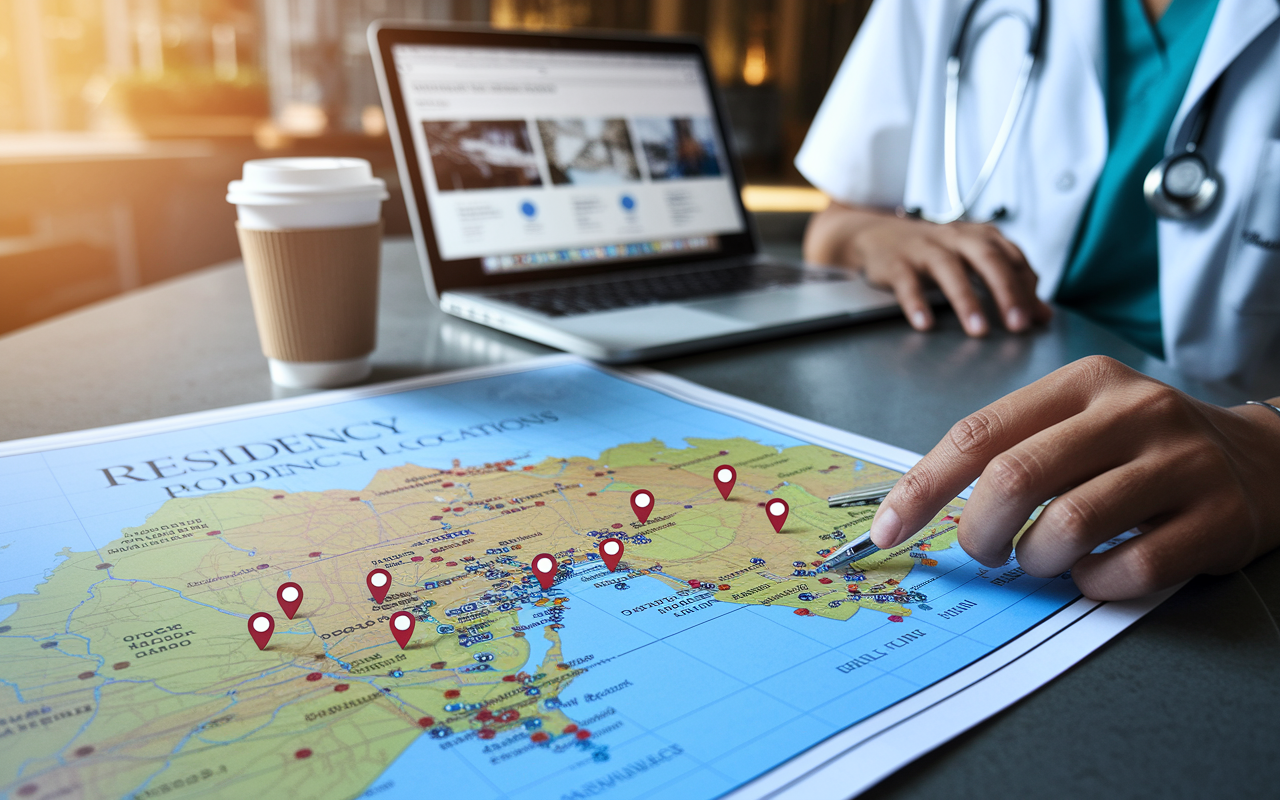 A scenic view of a map with pins and markings illustrating potential residency locations. The map is spread out on a table beside a coffee cup and a laptop displaying programs in those areas. A focused medical student is analyzing the map, contemplating lifestyle impacts such as housing and amenities. Warm lighting reflects a sense of determination and planning for the future.