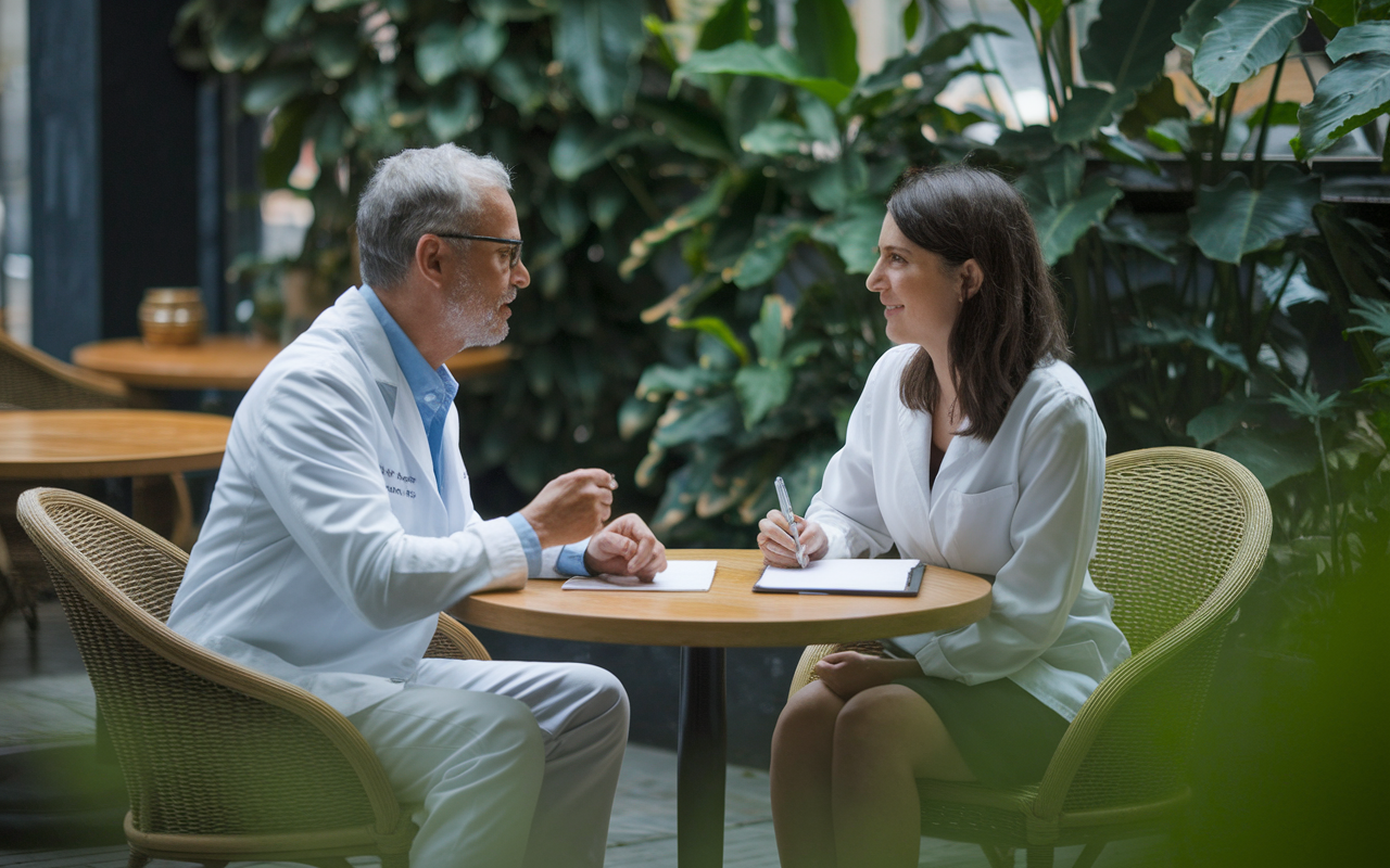 A serene meeting between a medical student and an experienced mentor in a garden café with lush greenery around. The mentor shares insights and advice, pointing to notes on a pad of paper while the student listens attentively. The setting is calm and nurturing, emphasizing the importance of mentorship in guiding one's journey through residency.