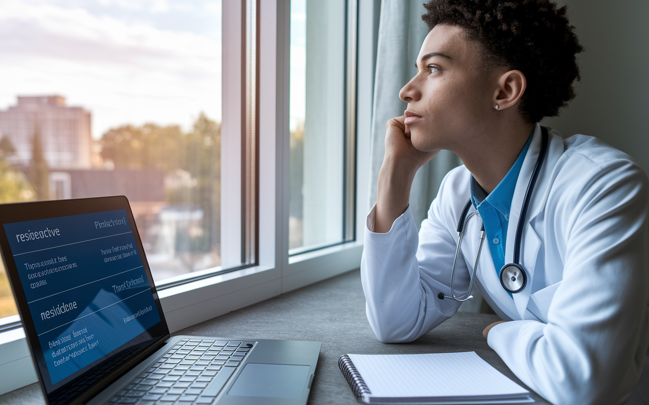 A thoughtful medical student gazing out of a window, with a notepad and a laptop beside them showing various residency options and pathways. The scene captures an introspective mood, with soft natural light filtering in, symbolizing a balance between being open to various choices while maintaining focus on their own criteria and goals.