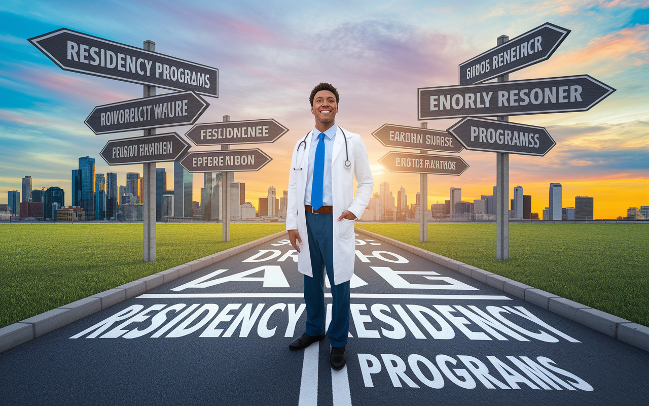 A confident medical student standing at a crossroad with multiple signs pointing to different residency programs, surrounded by a bright and optimistic skyline. The atmosphere is inspiring and hopeful with sunset colors painting the sky, representing the journey of making an informed residency choice that aligns with career aspirations and personal goals.