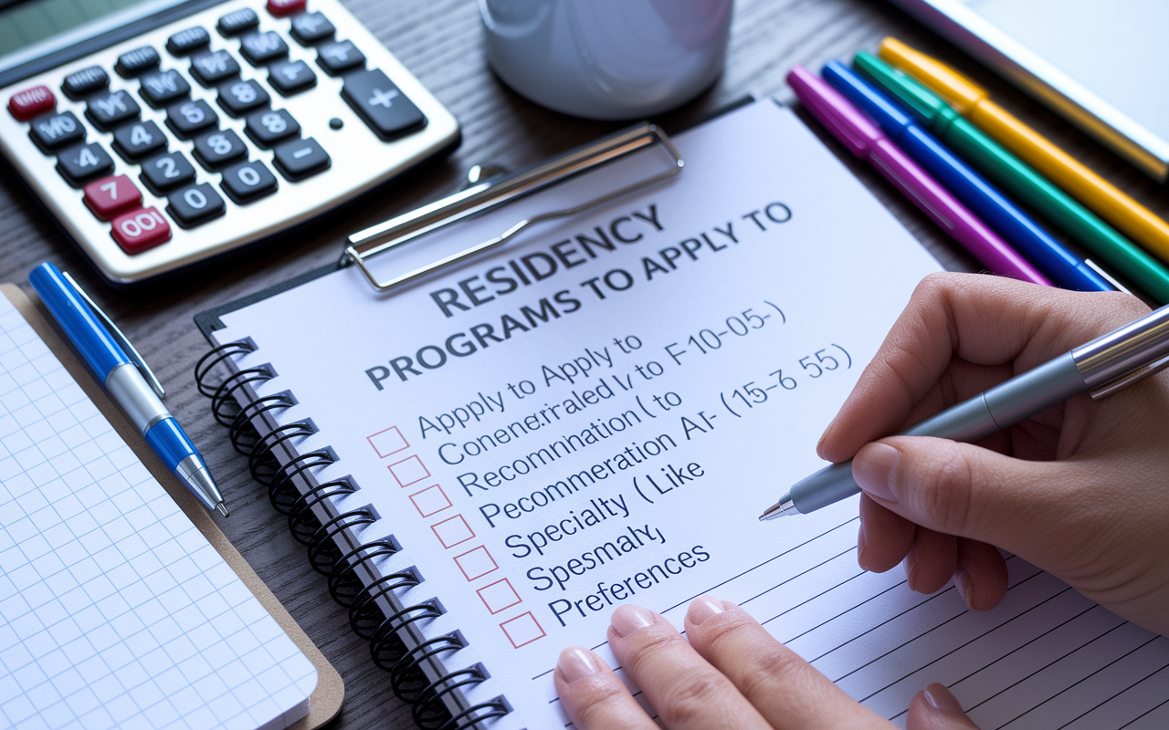 An organized desk scene documenting a strategic application process with a list titled 'Residency Programs to Apply To', surrounded by a calculator, notepad, and colorful pens. The focus on the list shows a determination to apply to the recommended 10-15 programs while balancing various considerations like specialty and personal preferences.