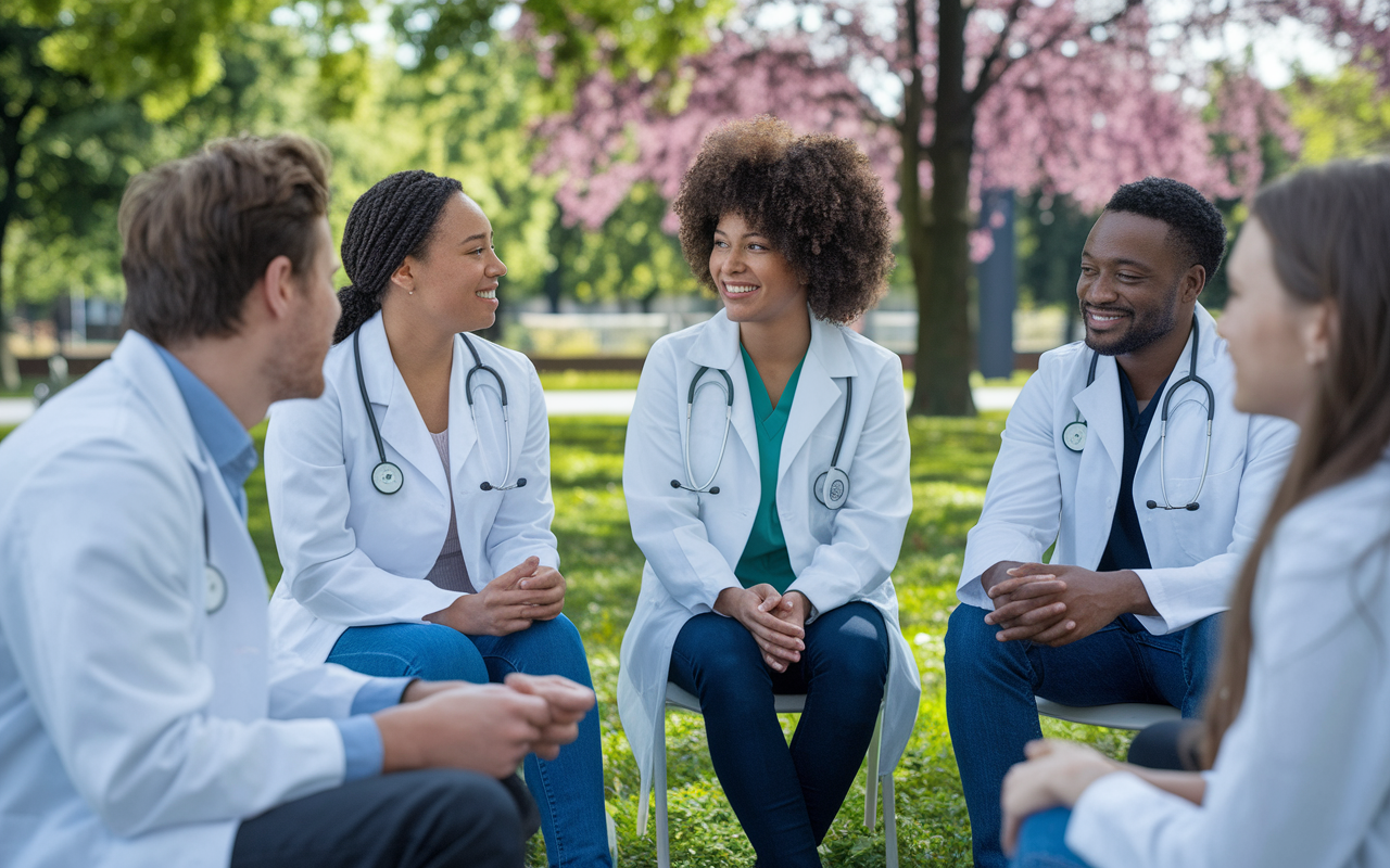 An intimate scene capturing medical students sharing experiences candidly in a relaxed environment, showcasing diverse thoughts about collaborative culture and support. The atmosphere feels warm and encouraging, with the students seated in a circle at a colorful park, embodying trust and friendliness as they discuss their expectations.