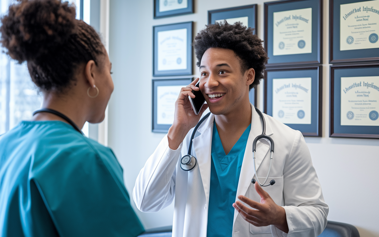 A friendly scene of a medical student engaging in a conversation via phone or video call with a current resident, radiating a sense of excitement and curiosity. The setting is bright and engaging, with a wall of medical diplomas and accolades behind the student, symbolizing a connection within their professional journey.