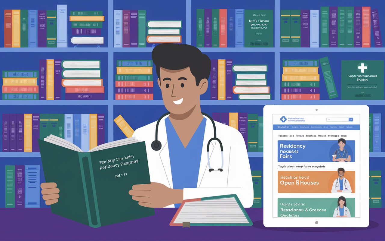 An illustrated bookshelf filled with books, guides, and directories all about residency programs. In the foreground, a medical student is flipping through a medical textbook and a digital tablet displaying websites related to residency fairs and open houses. The bright, informative surroundings emphasize the wealth of resources available.