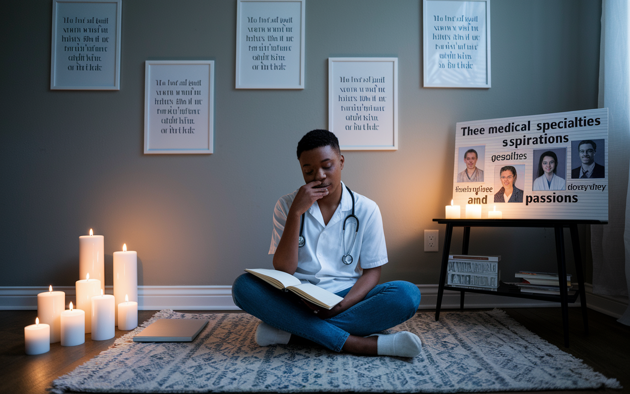 An intimate setting where a medical student is sitting cross-legged on a rug, deep in thought with a journal open on their lap, filled with personal reflections and goals about their medical career. Candles provide a soft glow around the room with inspirational quotes on the walls. On a small table beside them, a vision board features images of various medical specialties and positive affirmations, displaying their aspirations and passions.