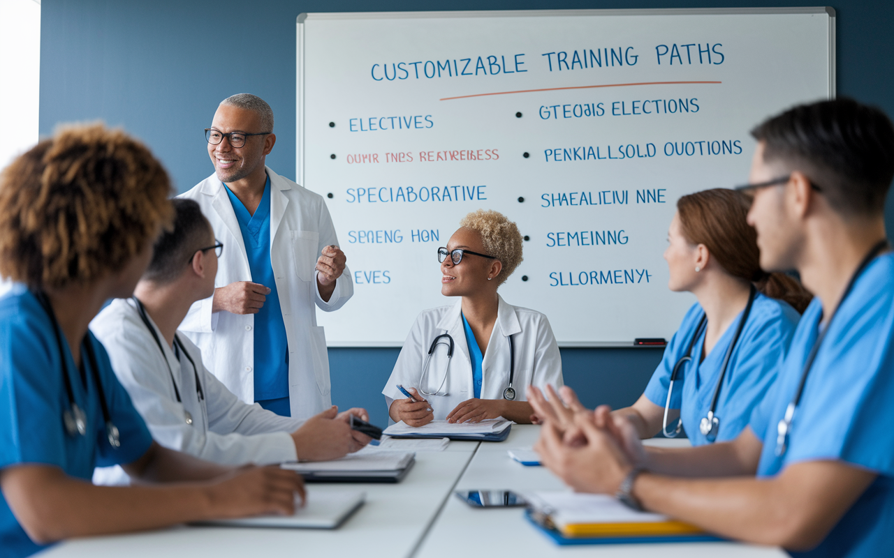 An engaging classroom scene where a diverse group of medical professionals discuss customizable training paths, with a whiteboard showing various electives and specialized options. The atmosphere is lively and collaborative, signifying the flexibility and autonomy in shaping their residency experience.