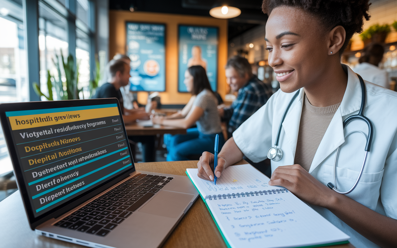 An engaging scene depicting a confident medical student researching online on a laptop at a coffee shop, with a notepad beside them filled with hospital names and rankings. The screen shows glowing reviews and statistics about different residency programs. A warm ambiance with friendly patrons creating a supportive environment; the decor includes plants and educational posters. A sense of determination is reflected on the student's face as they take notes about program reputations.