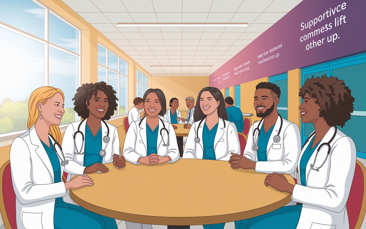 A vibrant scene illustrating a group of diverse medical residents talking and laughing in a hospital cafeteria. They sit at a round table sharing experiences, showcasing camaraderie and collaboration. The ambiance is bright with large windows, natural light illuminating the space, and inspiring quotes about wellness on the walls. The mood reflects a supportive community where residents lift each other up.