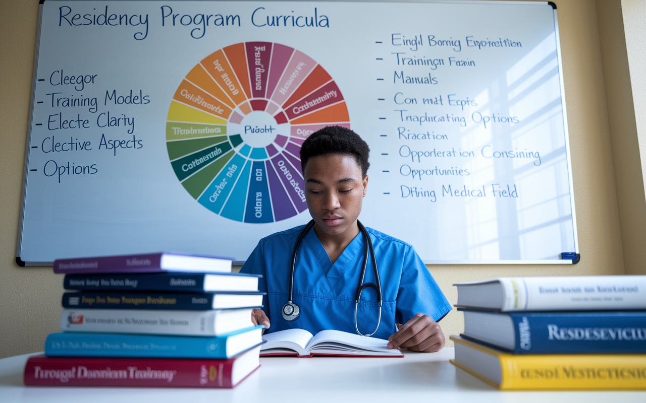 A focused medical student examining a colorful infographic on a whiteboard detailing various residency program curricula, surrounded by books and clinical manuals. The whiteboard is well-organized with categories for training models and elective options. A bright overhead light casts clarity on their serious expression, suggesting thorough evaluation and consideration of practical aspects for training opportunities in the medical field.