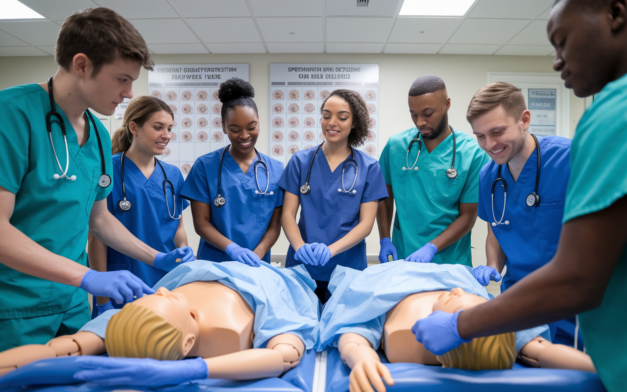 An engaging scene of medical students in scrubs gathered around a hospital simulation lab, practicing procedures on realistic mannequins. The mood is one of excitement and eagerness to learn, with charts on the walls showcasing different specialty rotations. The bright, clinical environment contrasts with the students’ focused expressions, emphasizing their drive to refine their medical skills.