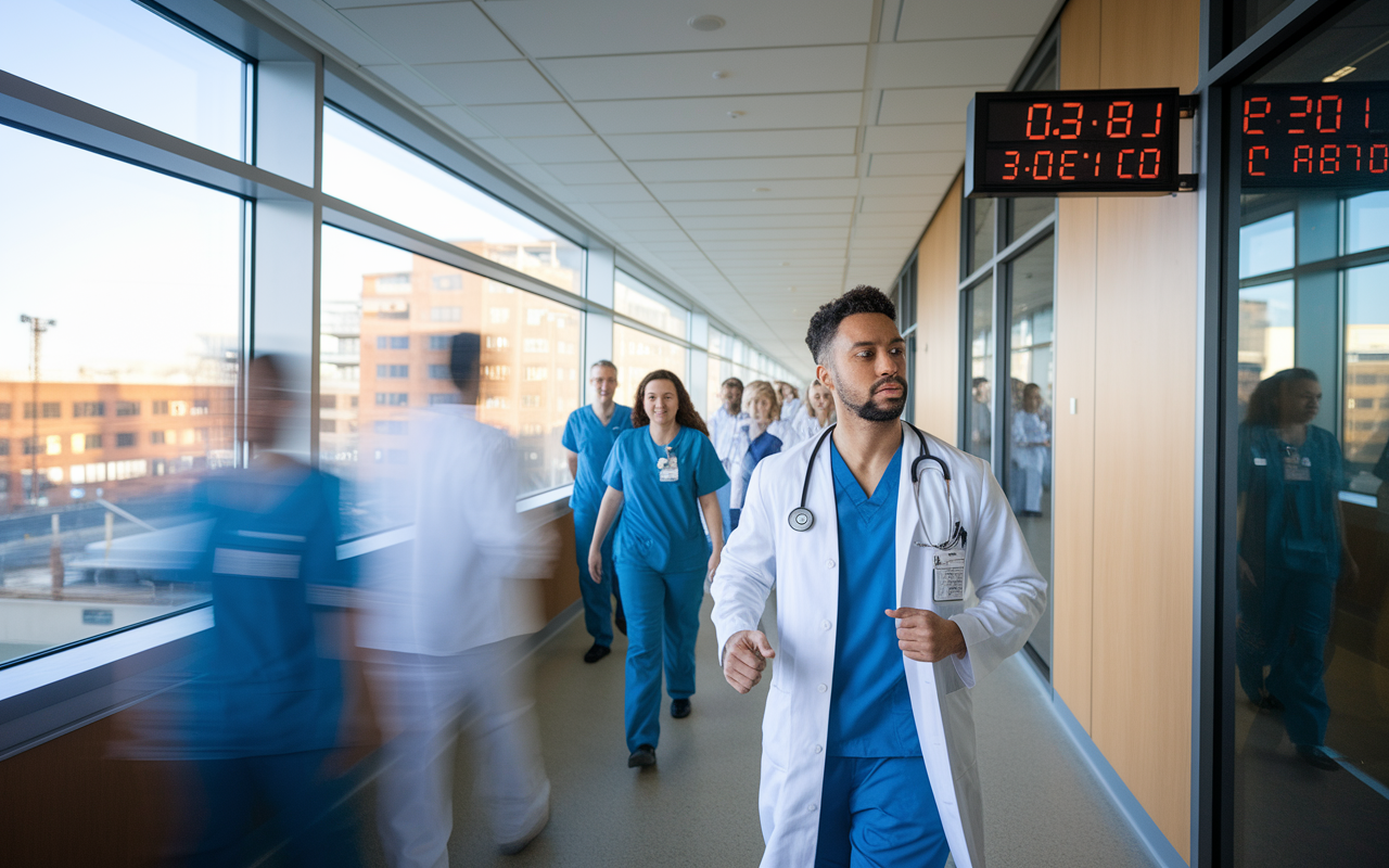 A busy hospital environment showcasing a medical resident looking at a digital clock on a wall while rushing through a corridor with patients and nurses around. The clock highlights late hours, indicating the demanding schedule. Natural lighting coming through large windows contrasts with the hustle and bustle, capturing both the intensity of hospital life and the resident's dedication.