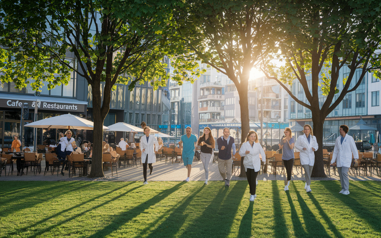 A panoramic view of a lively cityscape where medical residents can be seen enjoying a park with families, jogging, and socializing in a vibrant outdoor setting. Cafés and restaurants fill the background, portraying a balance between work and life. The sun is setting, creating a warm atmosphere, indicating a supportive community for residents to live and unwind.