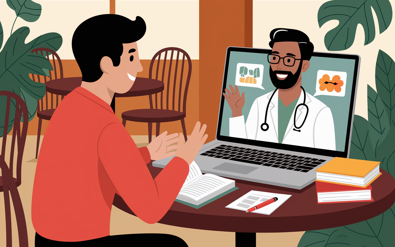 A friendly scene where a medical student engages in a virtual meeting with a current resident, depicted on the laptop screen in a cozy café. The resident is animatedly sharing experiences, with books and notes in front of the student showing preparation for their discussion. The café ambiance is warm, filled with greenery, illustrating the importance of connection and mentorship in extending knowledge.