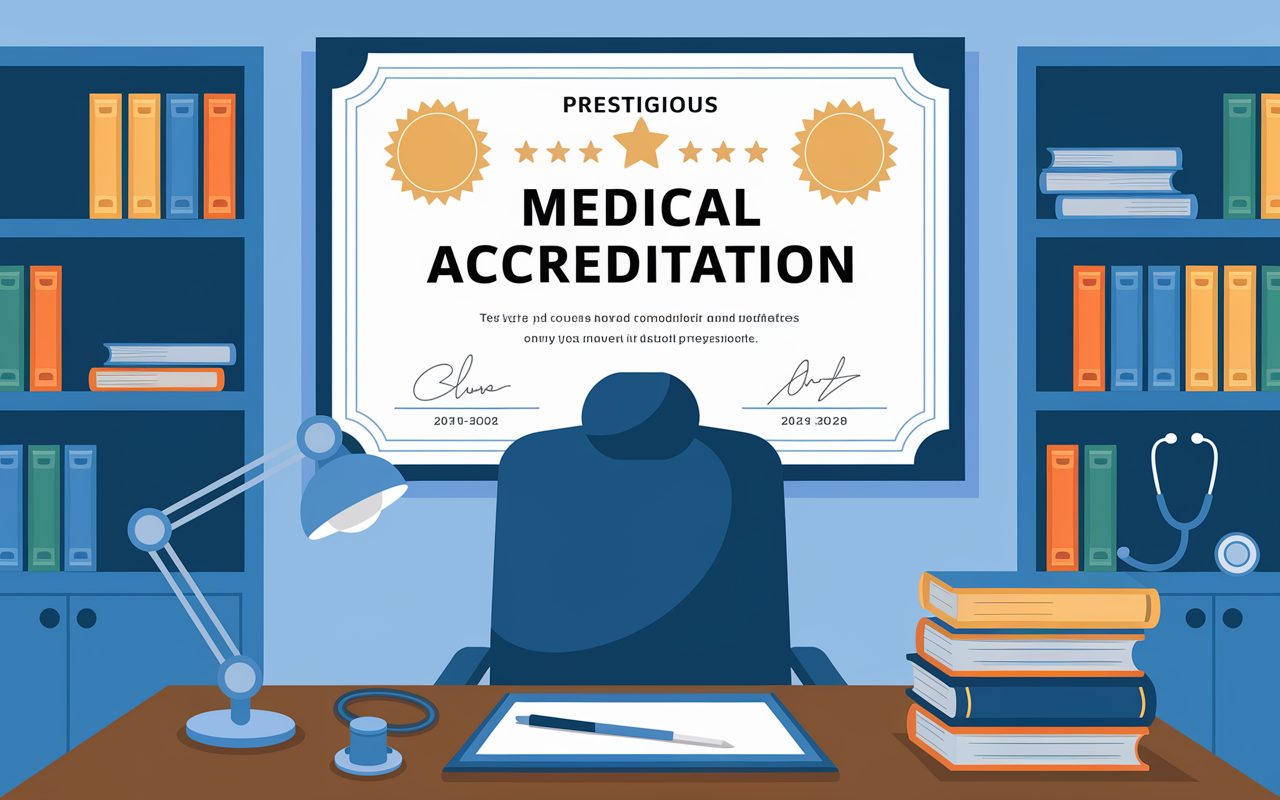 An illustration of a prestigious medical accreditation certificate displayed prominently on a doctor's office wall. The scene conveys a sense of achievement, showcasing gold seals and official signatures. The backdrop features a well-organized desk with medical books and a stethoscope, symbolizing professionalism and credibility.