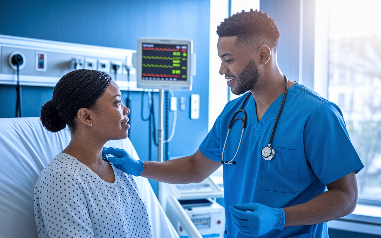 A realistic depiction of a medical resident in scrubs confidently interacting with a patient in a clinical setting. The patient appears reassured as the resident checks vital signs. Brightly lit hospital room background enhances the sense of professionalism, complete with medical equipment and charts. A caring interaction showcases the crucial hands-on experience in residency.