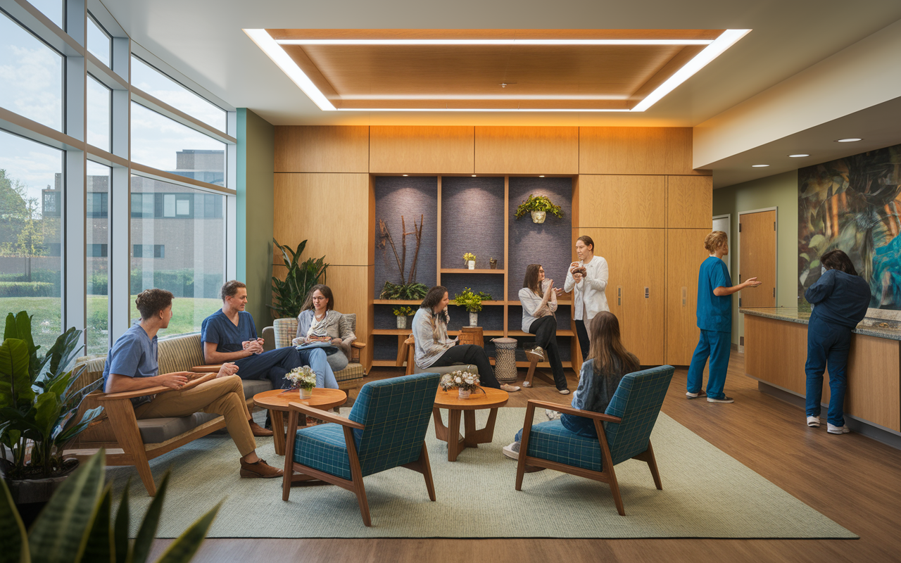 A cozy and inviting break room within a hospital where medical residents are enjoying a relaxed moment. Some are chatting while sipping coffee, others are engaged in a game, creating an atmosphere of camaraderie. Warm lighting, comfortable seating, and personal touches like plants add to the dimension of wellness and support in the residency experience.