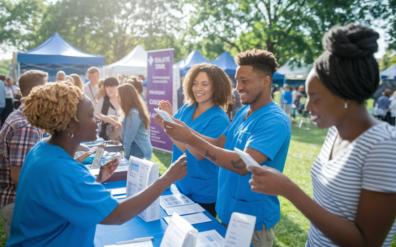 An engaged residency team participating in a local health fair, providing medical screenings and advice to the community. The scene is filled with vibrant community members interacting positively with residents. Banners and informational booths in a sunny park create a joyful atmosphere, symbolizing dedication to community health.