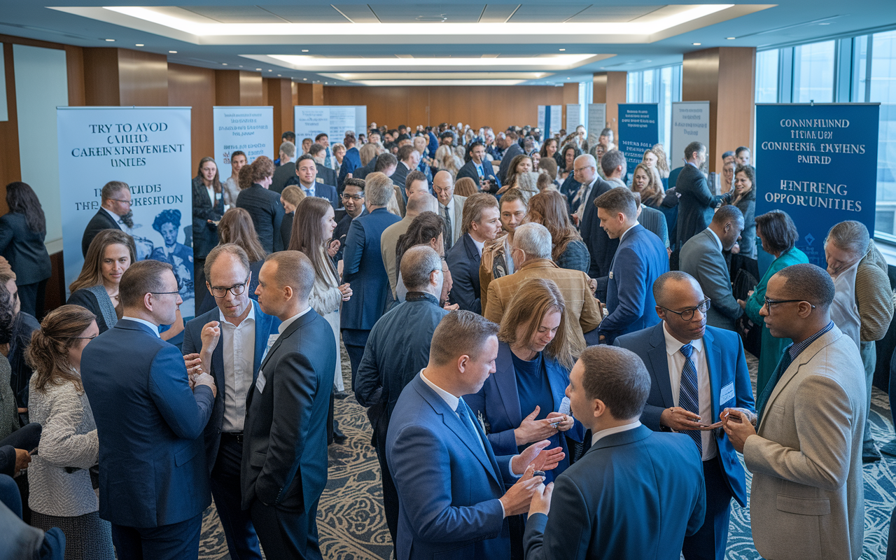 A vibrant networking event showcasing medical residents and alumni connecting in a well-decorated conference room. The room is filled with diverse professionals engaged in deep conversations, exchanging business cards, and sharing experiences. The atmosphere exudes enthusiasm and support, with banners promoting career achievement and mentorship opportunities.