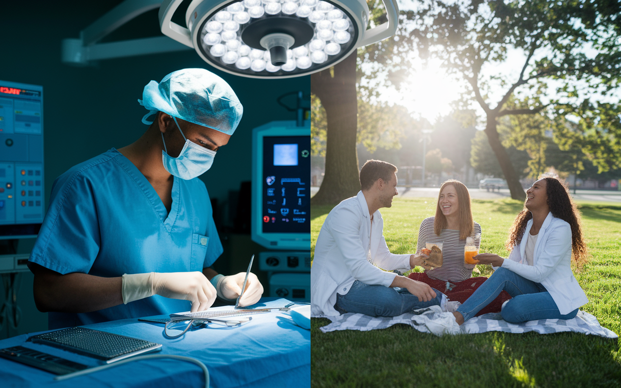 A split-image scene showing two contrasting lifestyles of medical residents. On the left, a surgical resident in scrubs works late at night in an operating room, focused and intense, with a backdrop of high-tech surgical instruments. On the right, a family medicine resident is enjoying a peaceful family picnic in a park, laughing and relaxing with loved ones. The sunlight is warm and inviting on both sides, highlighting the duality of intense work-life in medicine versus fulfilling personal moments. This imagery emphasizes the importance of balancing personal life and career goals.