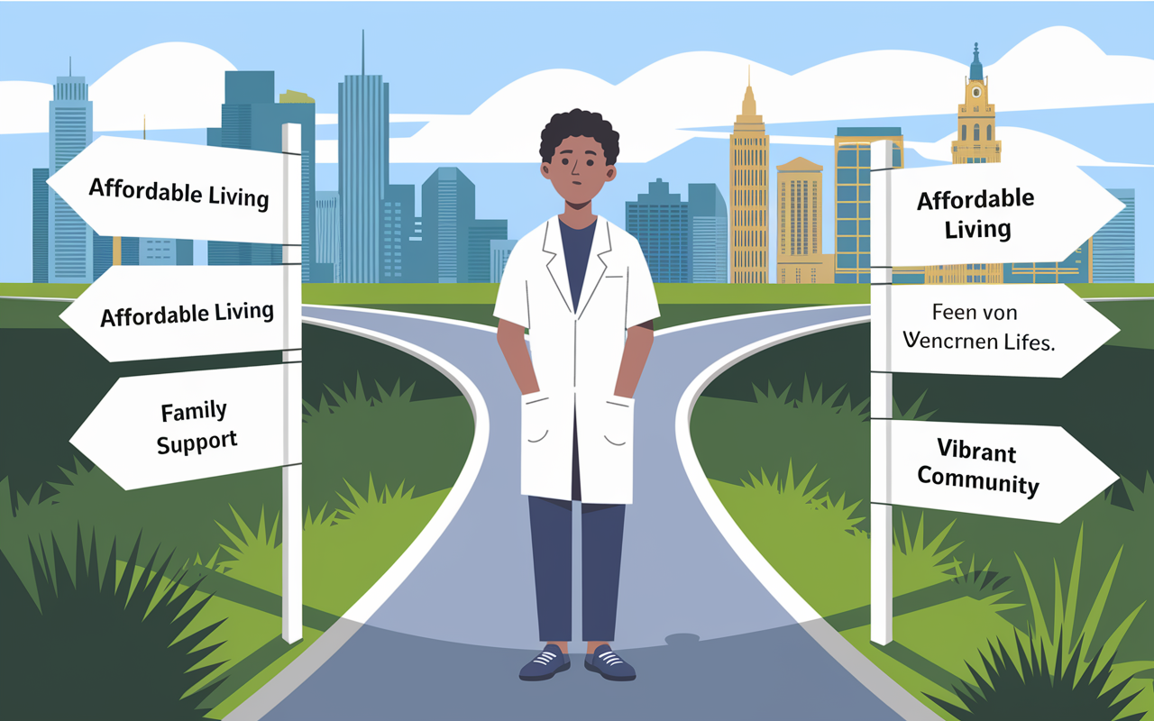 A young medical professional standing at a crossroads, looking at various signs pointing to different cities, symbolizing choices in residency locations. Each sign suggests unique living benefits like 'Affordable Living', 'Family Support', and 'Vibrant Community'. The person appears contemplative, with a backdrop of diverse landscapes—urban cities at one end and serene suburban settings at the other. The scene is bright and optimistic, emphasizing the importance of the geographical location in enhancing quality of life during residency.