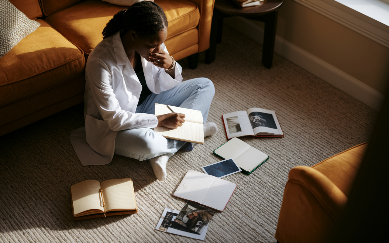 A medical resident sitting on the floor of a cozy and inviting room, surrounded by journals, personal mementos, and photographs, in deep thought. The warm light from a nearby window casts gentle shadows, creating a tranquil atmosphere. The resident is writing in a notebook, reflecting on their values and aspirations in a private moment of self-discovery. This intimate setting emphasizes the importance of self-assessment in aligning personal happiness with professional goals.