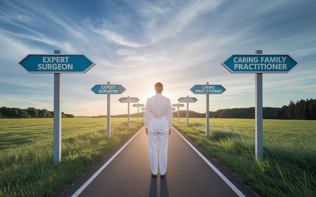 A focused medical professional standing on a long path leading towards a bright horizon, symbolizing the journey through residency to a fulfilling career. Along the way, milestones representing different specialties and goals appear, such as 'Expert Surgeon', 'Caring Family Practitioner', with lush landscapes on either side symbolizing personal growth and opportunities. This metaphorical scene captures the importance of aligning immediate choices with long-term aspirations.