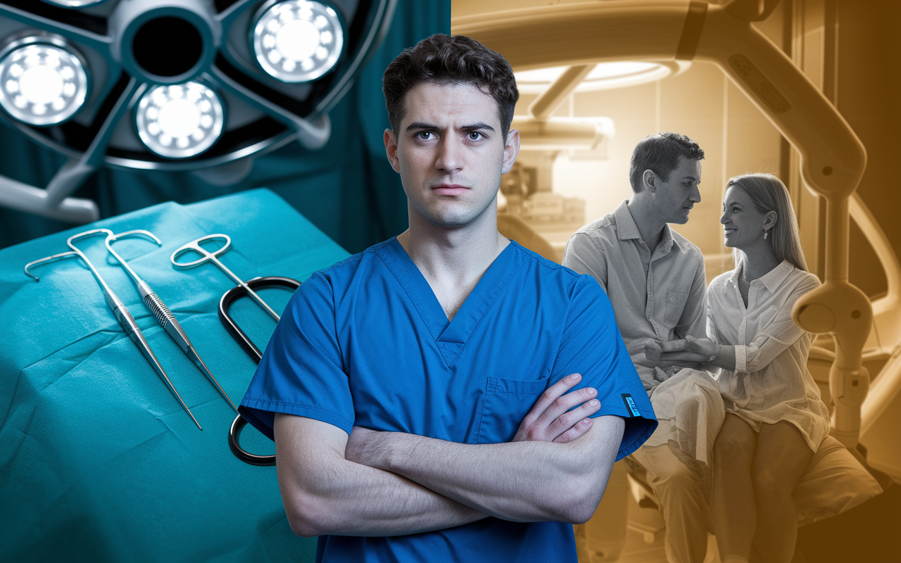 A young man in surgical scrubs standing with a conflicted expression in front of an operating room, with surgical instruments on one side and a serene family scene on the other side exemplifying personal life. The contrast emphasizes the tough decision he faced about residency paths. The background is filled with images of both surgical precision and family warmth, highlighting John’s initial passion for surgery and eventual shift to a less demanding specialty that allows him to balance work and family.