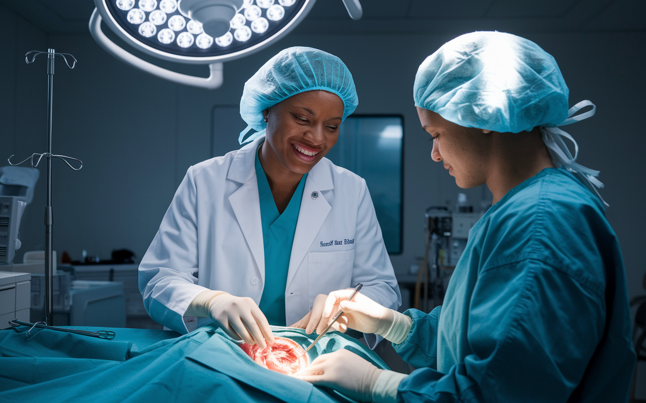 An experienced physician mentor in a white coat, smiling warmly as they guide a young resident through a complex medical procedure in a bright surgical room. Medical instruments are visible, and the atmosphere conveys a sense of learning and collaboration. Soft, focused lighting casts depth on their engaged expressions.