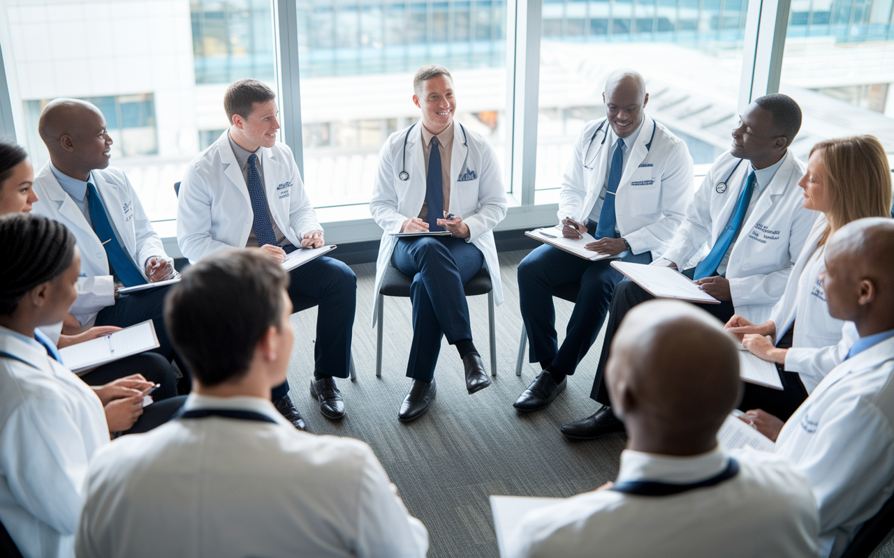 A group of medical residents and faculty sitting in a circle, engaged in a lively discussion in a modern conference room. There are notepads and laptops in front of them, with bright windows allowing natural light to pour in, creating an open and collaborative atmosphere. Expressions are attentive and engaged, symbolizing a healthy communication style.