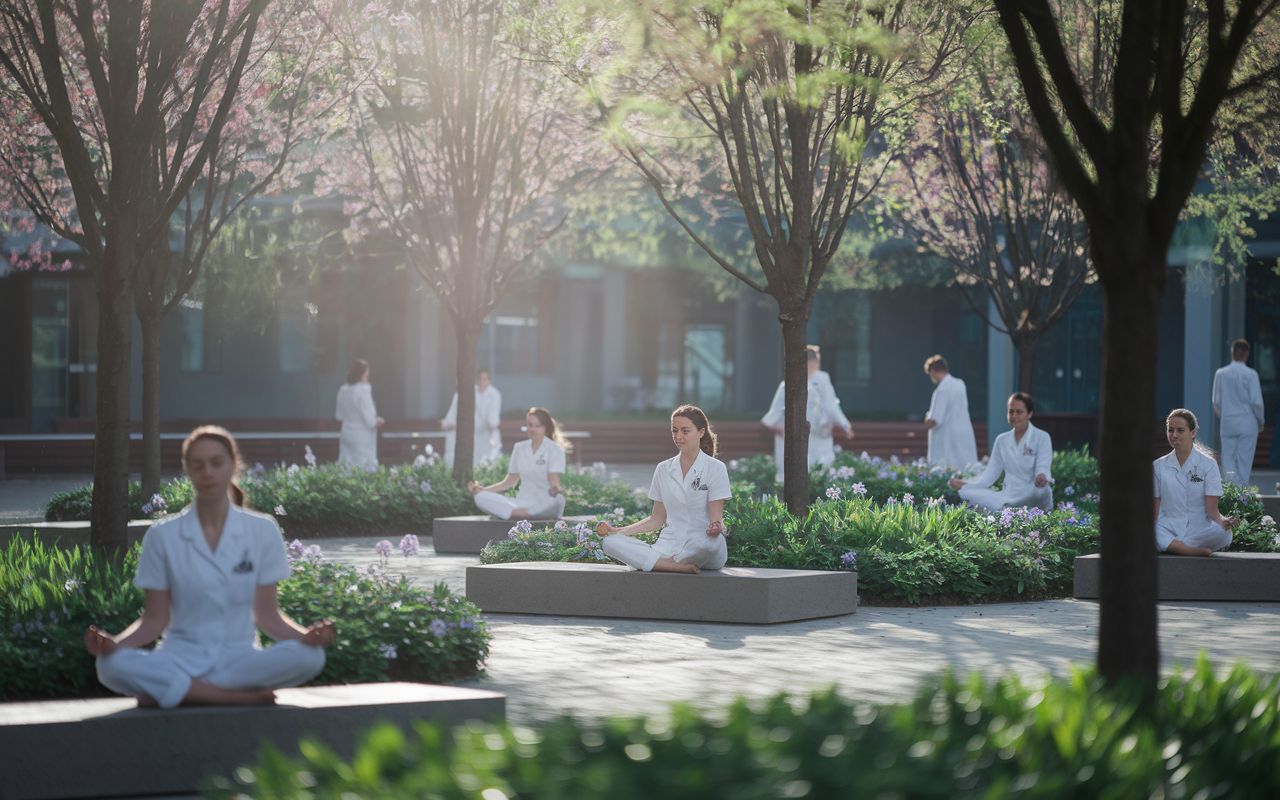 A serene scene in a hospital courtyard during spring, where medical residents relax on benches, enjoying nature with blooming flowers and greenery around them. Some residents are practicing yoga, while others are meditating, highlighting a culture of self-care and well-being. Soft sunlight filters through the trees, creating a peaceful atmosphere.