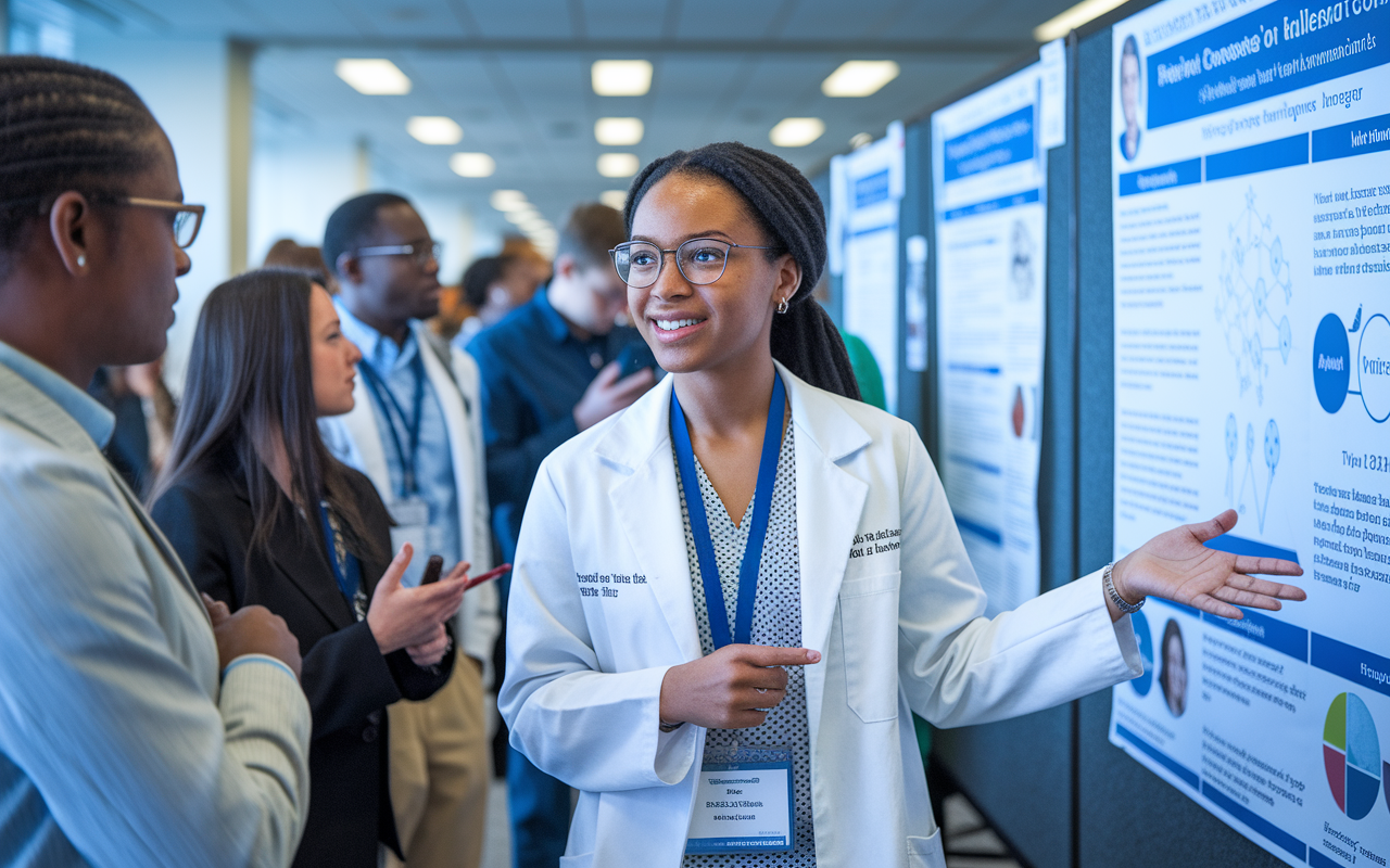 A young female resident in a lab coat stands confidently in front of her research poster at a medical conference, presenting to an audience of faculty and colleagues. The environment is vibrant, with diverse attendees engaged in discussions, highlighting opportunities for growth and academic advancement.