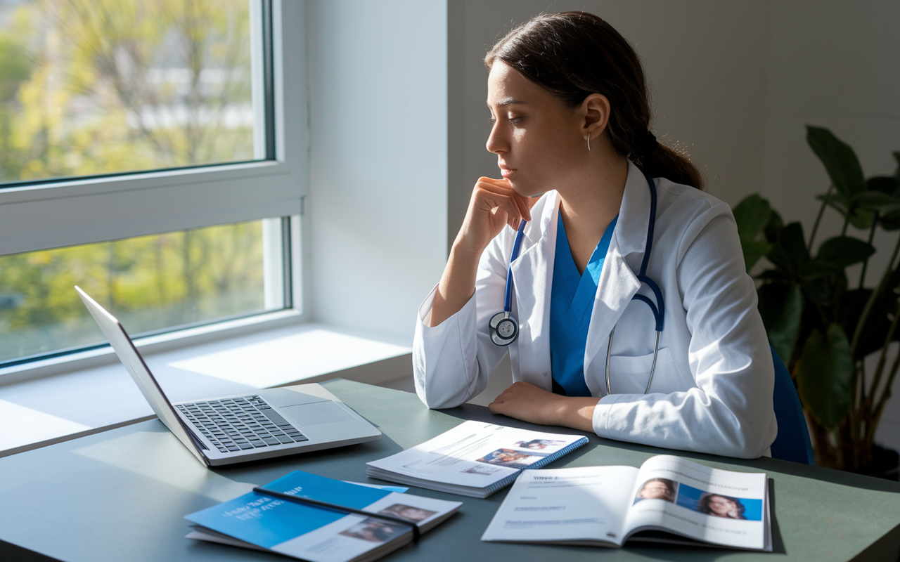 A medical student sitting at a desk with various residency program brochures and a laptop, deep in thought. Natural light streams through a window, illuminating her contemplative expression, highlighting the importance of informed decision-making in choosing the right residency program.